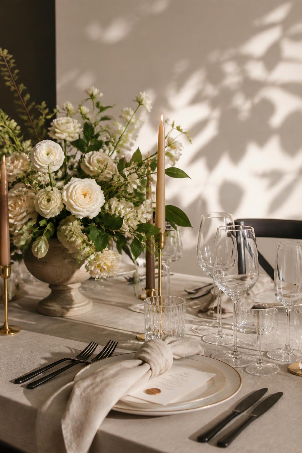 Elegant cream tablescape with white florals and candlelight